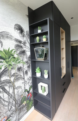 Aménagement d’entrée avec rangements intégrés et décoration végétale illustrant l’harmonisation des espaces et l’organisation de la maison – Voyage en Intérieur.