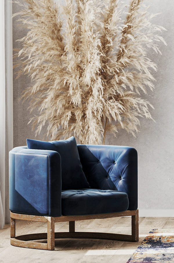 Fauteuil bleu avec décoration naturelle et pampas dans un intérieur harmonieux – inspiration maison ressource et décoration Feng Shui